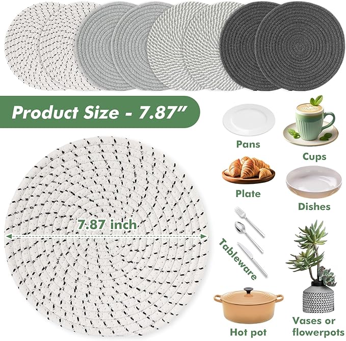 8 Inch Cotton Rope Trivets for Hot Dishes Set of 8 Heat Resistant Mats for Countertop Potholders for Kitchens Trivets for Hot Pots and Pans and Quartz Countertops Farmhouse Kitchen Décor, Grey Set