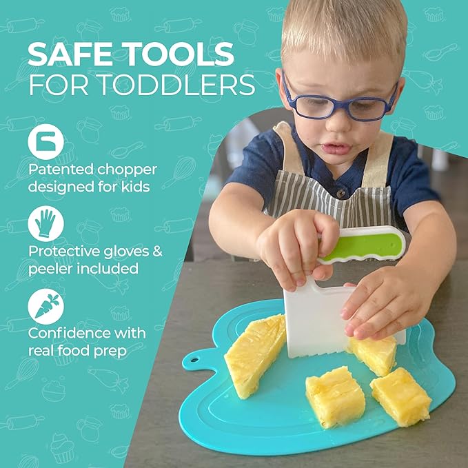 Tovla Jr. Toddler Cutting Set – Real Kids Knife & Chopper with Safety Gloves, Peeler & Visual Recipe Book – Montessori Cooking Tools Ages 3–8, Premium Gift for Kids