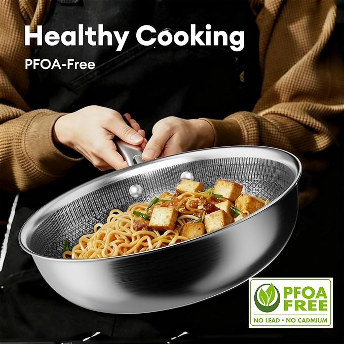 COOKER KING 11-Inch Wok with Lid, Hybird Nonstick Wok Professional Grade, Stainless Steel Woks & Stir-Fry Pans, Stay-Cool Handle, Dishwasher & Oven-Safe,Compatible with All Cooktops