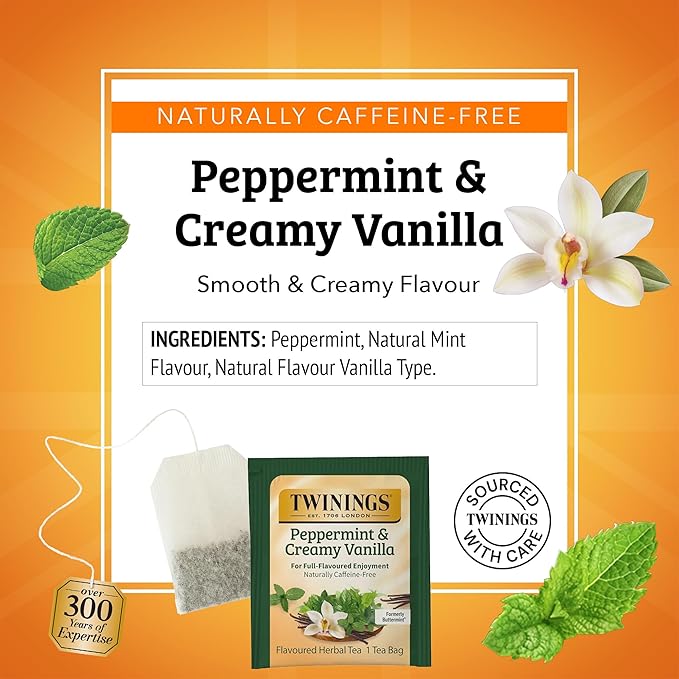 Twinings Peppermint & Creamy Vanilla Tea - A Crisp, Balanced Herbal Tea, Formerly Buttermint, Naturally Caffeine-Free Tea Bags, Individually Wrapped, 20 Count