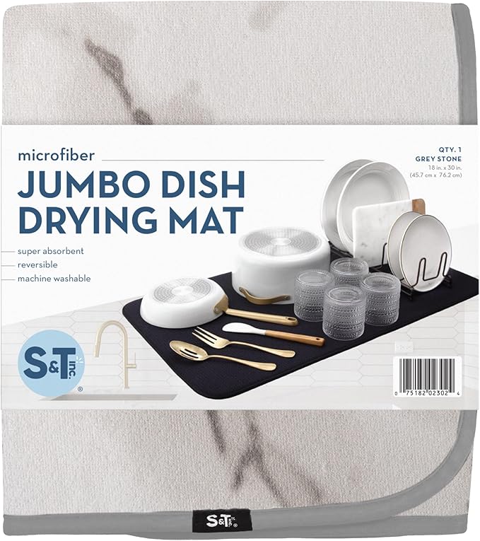 S&T INC. Dish Drying Mat Jumbo, 18” x 30”, Absorbent Microfiber Kitchen Counter Mat, Dish Drying Pad for Dishes, Utensils, Pots and Pans, Jumbo, Grey Stone