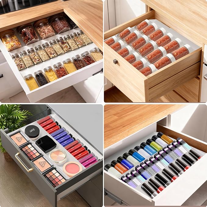 GOENDR Metal Spice Drawer Organizer, 4-Tier Spice Rack for Cabinet, Expandable Seasoning Organizer Fits 11.4-22.8” Drawer, Holds up to 48 Spice Jars (Not Included), White