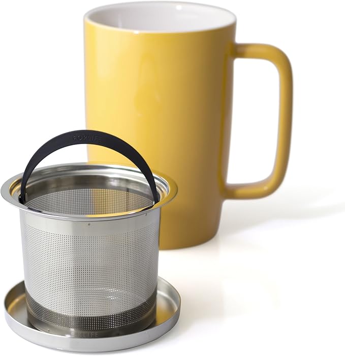 FORLIFE Dew Glossy Finish Brew-In-Mug with Basket Infuser & "Mirror" Stainless Lid 18 oz., Mandarin