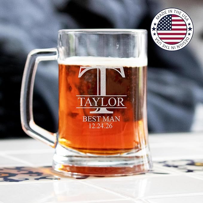Personalized Groomsmen Gift, 17oz Beer Glass with Handle, Custom Beer Mug Best Man with Etched Name, Engraved Gifts for Wedding Favors, Best Man Proposal Gifts, Bachelor Party