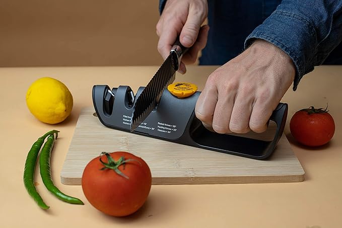 RazorSharp™ Knife Sharpener With Adjustable Angle Guide — Diamond-Coated Ceramic Sharpening Stones for All Knives Including Precision Kitchen, Professional, Chef's Knives — Non-Slip Rubber Edge Grip