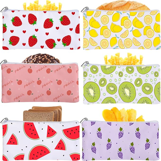 Chumia 6 Pcs Reusable Snack Bags Christmas Gifts Food Safety Washable Snack Bags Lunch with Zipper Portable Sandwich Bag Food Storage Pouch Double Layer(Fruit,6.9 x 3.7 Inches)