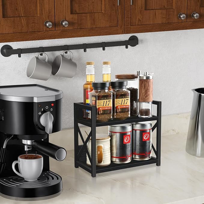 YINMIT Countertop Shelf Organizer,Coffee Bar Accessories,Spice Rack,Coffee Counter Shelf,2 Tier Coffee Organizer Station for Mugs,Cups,Cream,Syrup (Black, Small)