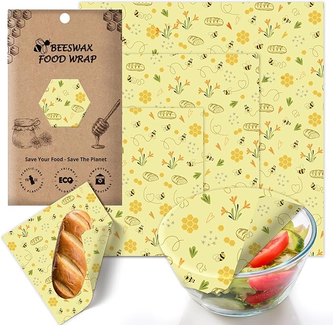 Reusable Beeswax Wrap, 3 Pack (S, M, L) Eco-Friendly Beeswax Wraps for Food, Bread Sandwich Wrapper, Sustainable,Zero Waste,Organic, Moisture Lock& Freshness Preservation