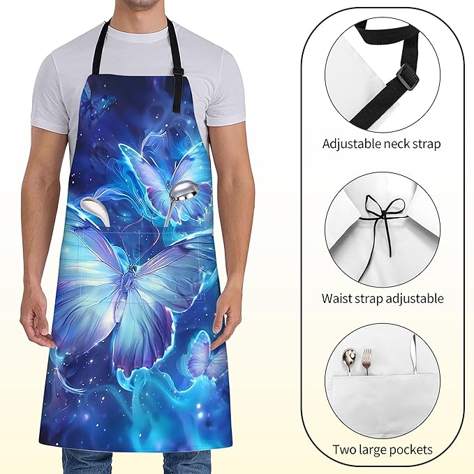 Glowing Blue Butterfly Apron for Women with Galaxy,28x33in,Cosmic Kitchen Aprons with 2 Pockets,Oxford Fabric,Artistic Adjustable Apron for Cooking Baking Gardening Chef,Gifts for Mom Wife