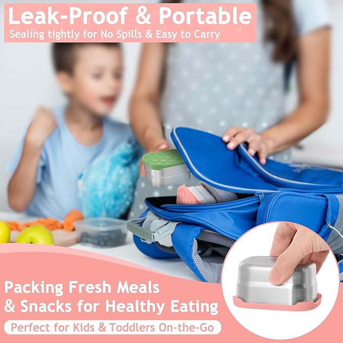 Homikit 3 Pack Snack Containers for Kids, 18/10 Stainless Steel Toddler Lunch Box with Silicone Lids, Reusable Bento Food Container Set for School Daycare, Nontoxic & Leak Proof, Pink/Green/Khaki