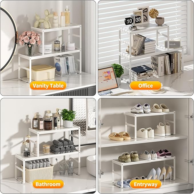 Expandable Kitchen Organizers Storage, Metal Cabinet Organizer Riser Rack for RV,Kitchen, Pantry, Cupboards, Under Sink and Counter Storage,Office,Adjustable Spice Rack,White