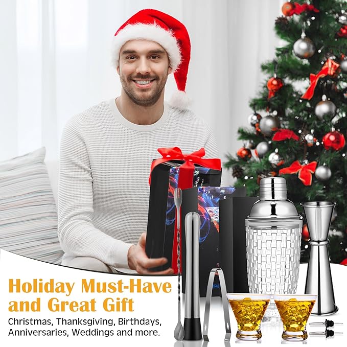 Pickmesh 9 Pcs Cocktail Shaker Set 13 oz Glass Cocktail Shaker with Built-in Strainer, 2 Martini Glasses, Shakers Bartending Drink Mixer Set Drink Mixer Gifts for Dad, Boyfriend, Husband(Silver)