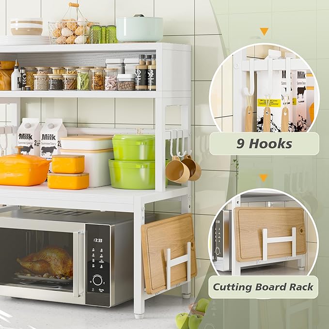 EnHomee Microwave Stand, 205LBS Microwave Shelf, Adjustable Countertop Shelf Heavy Duty 4-Tier with 9 Hooks for Kitchen Counter Organizer, Microwave Stand with Storage and Microwave Oven Rack (White)