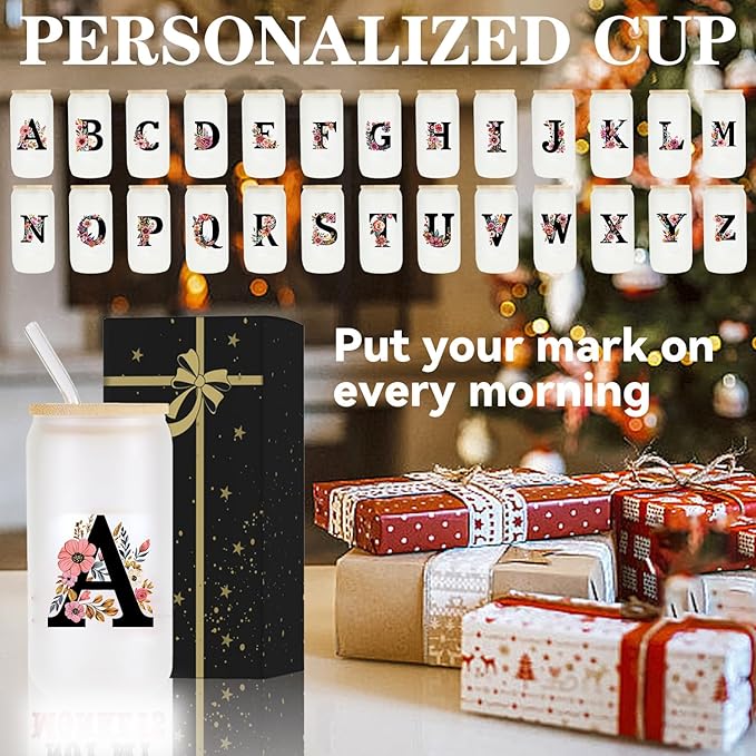 Monogrammed Glass Drinking Cup With Lid Straw Personalized Customized Post Cards Girlfriend Gf Gifts Future Mrs for Her Women Boyfriend Anniversary Cute Romantic Christmas Xmas First Valentines,C