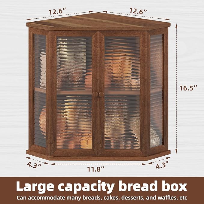 Extra Large Acacia Wood Corner Bread Box for Kitchen Countertop, 16.5 Inch Wooden Breadbox with Glass Wavy Door, Durable Grain Finish, Farmhouse Style Design
