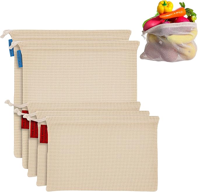 5 Pack Mesh Produce Bags, Reusable Produce Storage Bags Washable Eco Friendly Lightweight Storage Produces Bag Durable Double Stitched with Drawstring Reusable Food Storages Bag for Fruit Vegetable