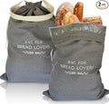 Linen Bread Bags for Homemade Bread – 2 Pack XXL Reusable Sourdough Bread Storage Bags, Keep Bread Fresh Longer, Grey Linen Bag with Drawstring and Handle, TPU Lining, Gifts for Bakers, Made in USA