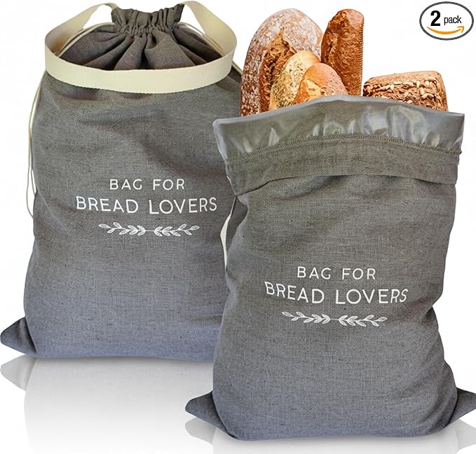Linen Bread Bags for Homemade Bread – 2 Pack XXL Reusable Sourdough Bread Storage Bags, Keep Bread Fresh Longer, Grey Linen Bag with Drawstring and Handle, TPU Lining, Gifts for Bakers, Made in USA