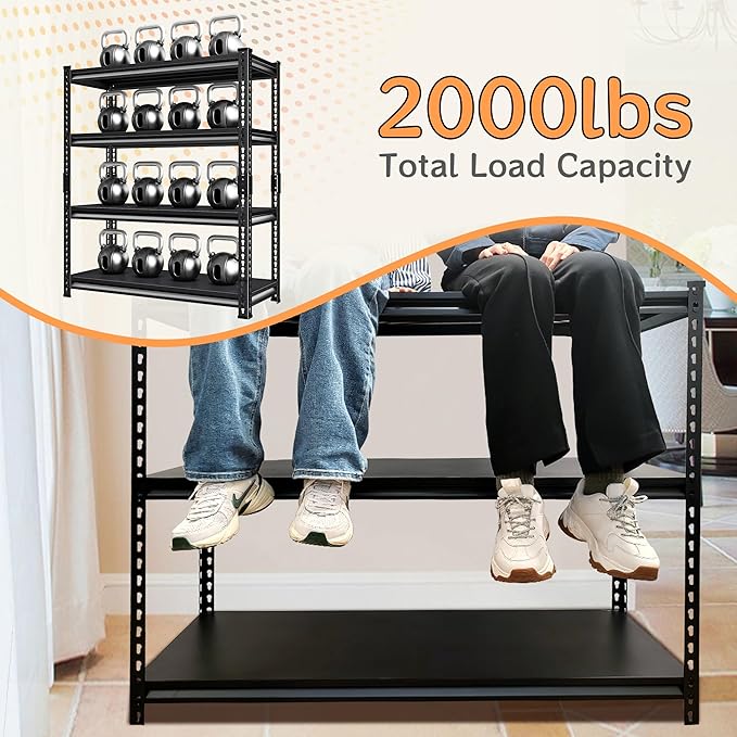48''W Utility Garage Shelves: 2,000Lbs Heavy Duty Steel Metal Adjustable Shelving Storage Industrial Rack Units 4 Tier Black 48" W x 16" D x 66" H