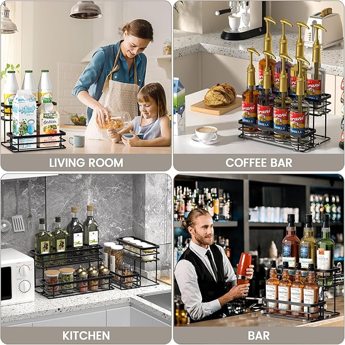 Coffee Syrup Rack Organizer, Syrup Bottle Holder Stand for Coffee Bar, 2-Tier 6 Bottles Storage Shelves for Syrup, Wine, Dressing for Kitchen Countertop (6 Bottles Black)