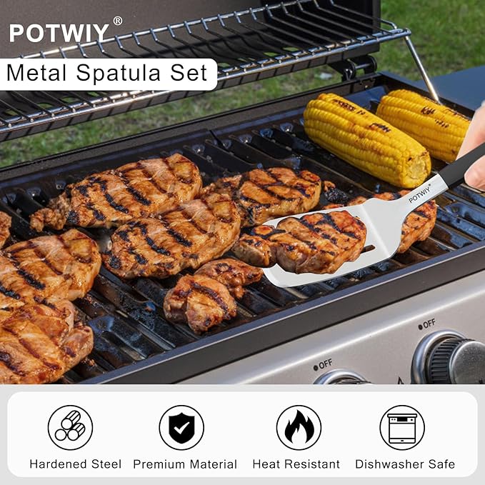 Stainless Steel Wide Spatula Set, Heavy Duty Large Metal Spatulas for Cast Iron Skillets Griddle and BBQ Grill, Solid and Slotted Turner with Silicone Handle for Smash Burgers and Pancake