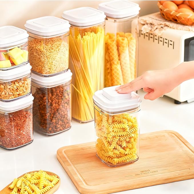Pop Top Food Storage Container Set | 8Pcs Airtight Cereal Storage Organizer Canisters with Pop Lids, BPA-Free, Vacuum Seal & One-button Opening, Stackable Pantry Containers for Dry Food Storage