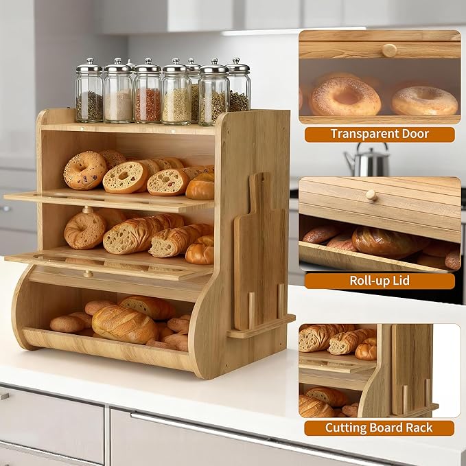 Bread Box for Kitchen Countertop, 3 Tier Large Capacity Breadbox, with Window, Cutting Board Rack and Knife Holder, Bamboo Bread Container, Under Cabinet Organizer
