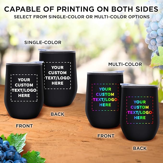 Custom Stemless Wine Tumblers 12 oz. Set of 6, Personalized Bulk Pack - Insulated, Perfect for Wine, Cocktails, Other Hot & Cold Beverages - Black
