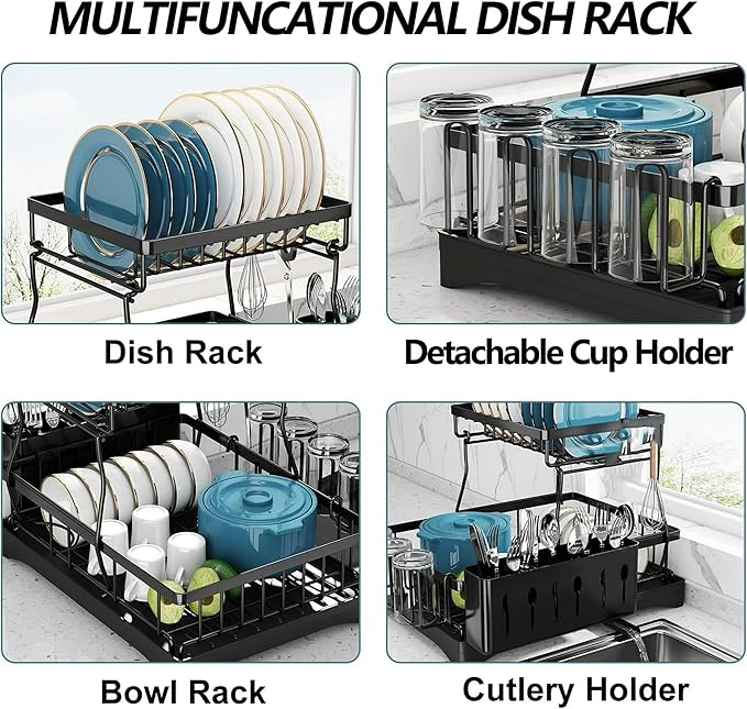 Large Dish Drying Rack for Kitchen Counter, Detachable Large Capacity Dish Drainer Organizer, 2-Tier Dish Racks with Utensil Holder