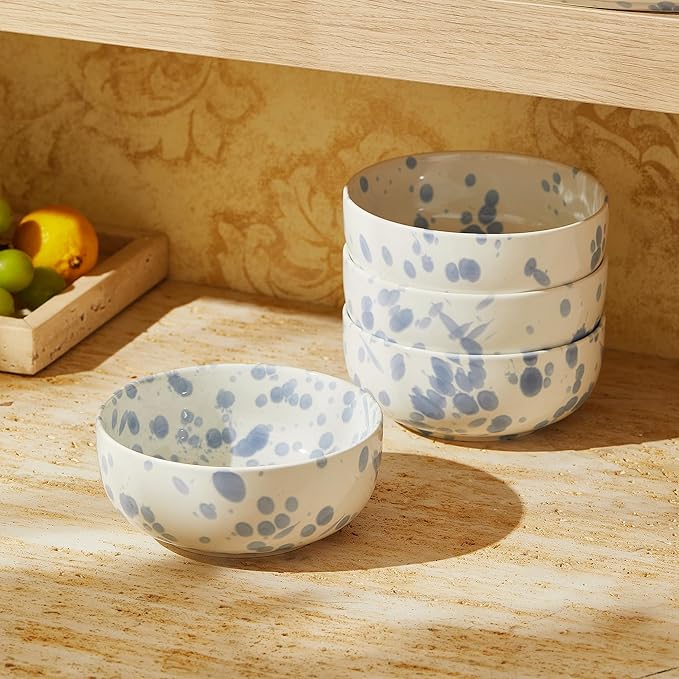 Junko Cereal Bowls Set of 4-36 Ounce Ceramic Bowls, Japanese Noodle Bowl Set, Ceramic Bowls for Kitchen, Breakfast, Oatmeal, Microwave and Dishwasher Safe (Splash Blue)