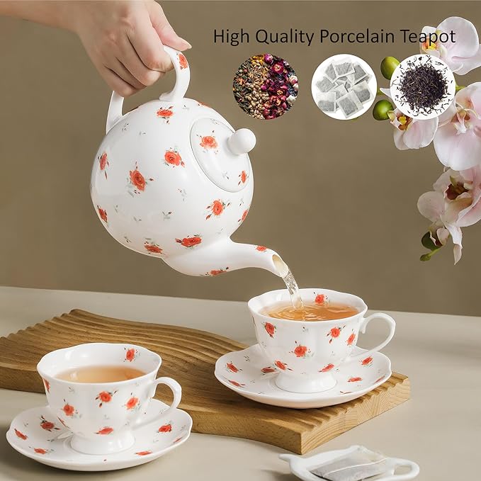 30oz Porcelain Teapot (4 Cups) - Elegant Floral Ceramic Tea Pot with Vibrant Roses, Ideal for Loose Leaf & Bagged Tea, Dishwasher Safe