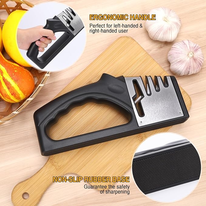 4-in-1Manual Knife Sharpener Suitable for kitchen knives, fruit knives, steel knives, scissors, and 3-level precision sharpening.Non slip base, suitable for home use (black)