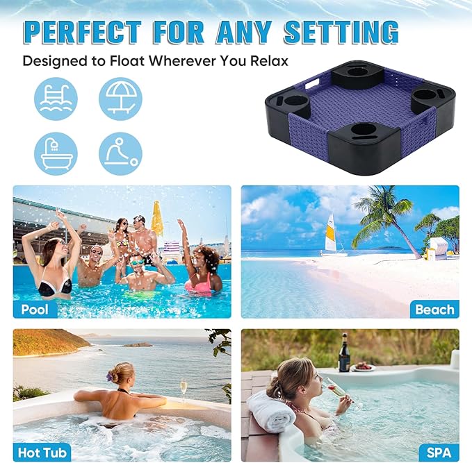 COOS BAY 24''x24'' Square Floating Drink Holder for Pool and Hot Hub, Large Floating Serving Tray with Handles, Wicker Floating Pool Tray for Food and Drinks, Blue