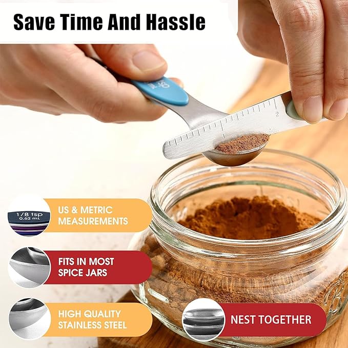 8-Piece Measuring Magnetic Spoons Set with Leveler - Stainless Steel for Measuring Dry and Liquid Ingredients, Double Ended, Stackable & Nested Fits in Kitchen Spice Jars for Baking & Cooking