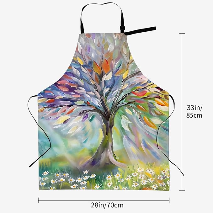 Oil Painting Tree Apron for Women, 28x33in, Kitchen Chef Aprons with 2 Pockets, Polyester, Colorful Abstract Tree Apron for Cooking BBQ Baking Gardening Chef, Gifts for Mom Wife Dad