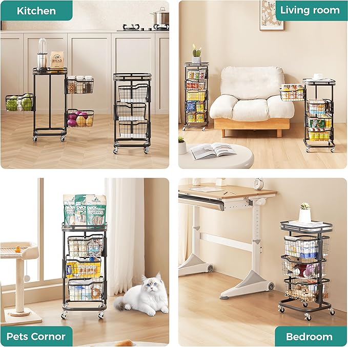 3 Tier Kitchen Fruit Vegetable Storage Cart with One-Piece Rotating Basket, Pantry Organizer Shelf Rack Floor Stand for Veggie Onion Potato Produce Spice, Rolling Snack Cart on Wheels, Black