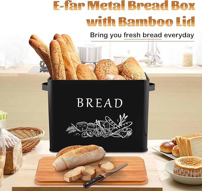 E-far Bread Box for Kitchen Countertop, Metal Bread Storage Container Bin with Bamboo Lid for Cutting Bread, Extra Large & Farmhouse Style, 13” x 7.2” x9.8”, Black