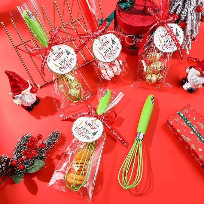 12 Christmas Whisk Gifts Include 10 Inch Christmas Stainless Steel Silicone Whisk Greeting Cards Ribbons Plastic Bags for Xmas Neighbor Family Friends Baking Enthusiast Cooking Supplies