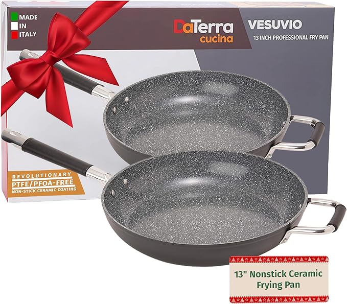 DaTerra Cucina - 13" Nonstick Ceramic Frying Pan - Made in Italy - Oven Safe - High Heat Resistant Nonstick Cookware - PTFE, Cadmium, Lead & PFOA free - Volcanic Black Speckled