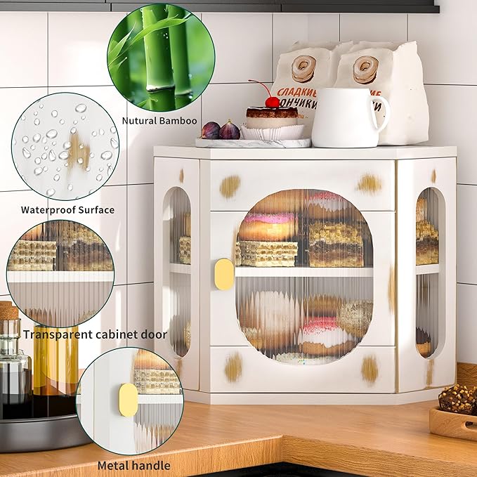 Corner Bread Box for Kitchen Countertop, Large Wooden Bread Box, Double Layer Bread Storage Bin, Bamboo Breadbox for Homemade Bread, Farmhouse Kitchen Organizer with Acrylic Window
