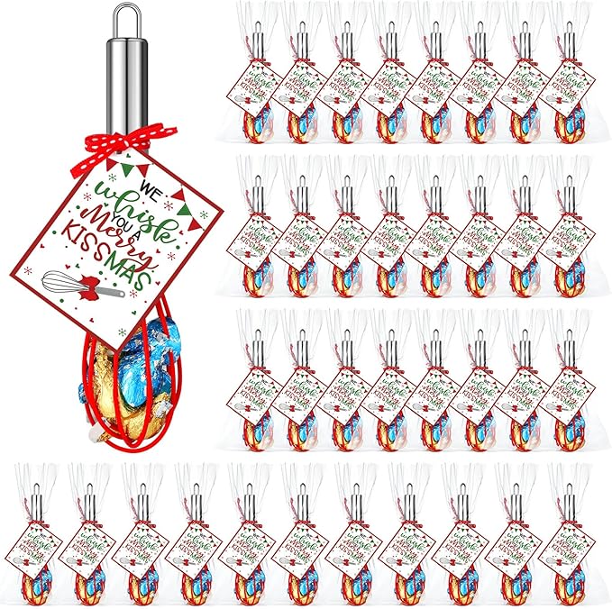Nuogo 36 Sets Christmas Whisk Baking Supplies Gifts Christmas Neighbor Gifts Includes 8 Inch Stainless Steel Whisk,Greeting Cards,Ribbons,Plastic Bags for Home Cooking Supplies Xmas Stocking Stuffers
