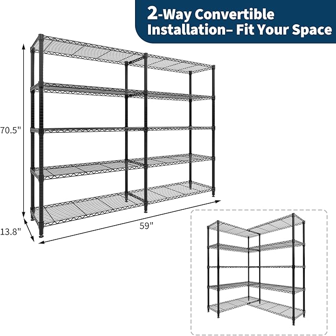 Garvee 70" H Storage Shelves L-Shaped Shelving Unit, 5-Tier Metal Shelves 1325 LBS Capacity, Heavy Duty Wire Shelving Storage Rack with Adjustable Shelf for Kitchen Pantry Bedroom Corner