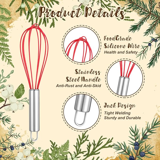 12 Sets Christmas Whisk Baking Supplies Gifts Sets Include Stainless Steel Whisk, Greeting Card, Snowfall Pine Branch, Plaid Towel, Rope for Xmas Neighbor Employee Stocking Stuffer Cooking (8 Inches)