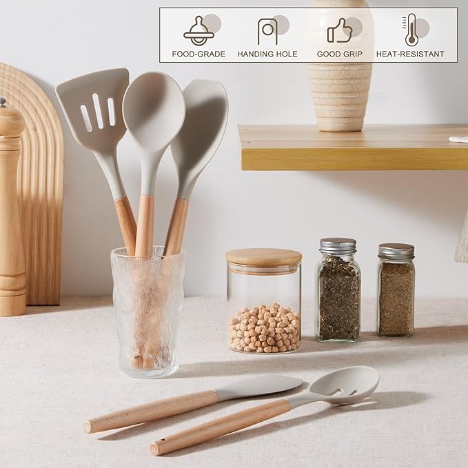 E-far Silicone Cooking Utensils Set, 5-Piece Kitchen Utensils Set with Wooden Handle for Cooking, Silicone Kitchen Nonstick Tools Spatula Turner Slotted Spoons, Nontoxic & Heat Resistant-Khaki