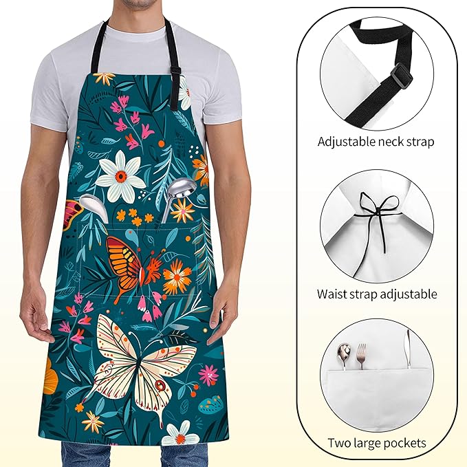 Butterfly Apron for Women with Floral,28x33in,Colorful Kitchen Teal Aprons with 2 Pockets,Oxford Fabric,Flower Adjustable Apron for Cooking Baking Gardening Chef,Gifts for Men Mom Wife