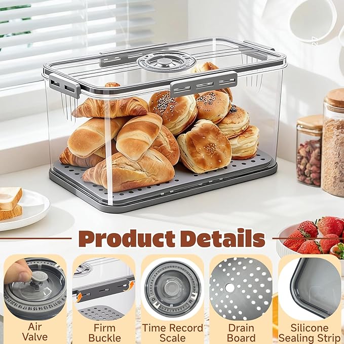 Bread Box for Kitchen Countertop | Airtight Bread Storage Container with New Upgrade Time Recording Lid – Bread Keeper for Homemade Bread, Donuts, Bagels, Toast, and Cookies