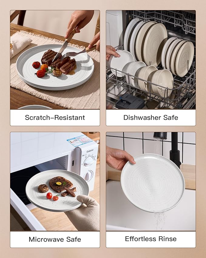 Stoneware Dinnerware Dishes Set for 8, 24 Pieces Plates and Bowls Sets, Spiral Flared Tableware with Speckles & Reactive Glaze - Microwave and Dishwasher Safe, White