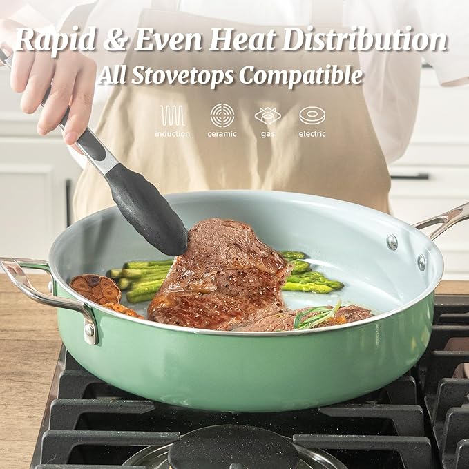 Nonstick Sauté Pan with Lid 5 QT Deep Frying Pan with Stainless Steel Helper Handle 12 inch Large Skillet Ceramic Jumbo Cooker for Healthy Cooking, Induction Compatible Cookware, PFOA Free