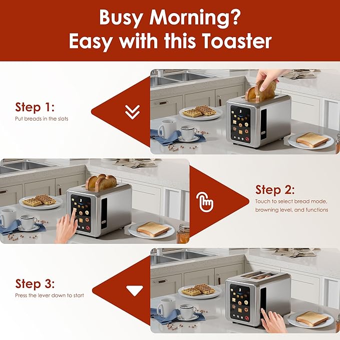 WHALL Full Touch Screen Toaster 2 Slice, 1.5'' Wide Slot Stainless Steel Toaster with Digital Timer, 6 Bread Types & 6 Shade Settings, Crumb Tray, Reheat/Defrost, Smart Toasters for Breads, Bagels
