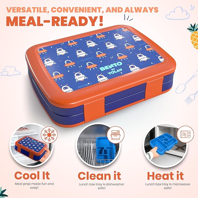 YOLAY Bento Box for Kids Lunch Box Leak-Proof, 5-Compartment Lunch Box Kids for Ages 3-10, Durable with Anti-Slip Base, Suitable for Schools, Outdoor and Travel (Mermaid) (Robo)